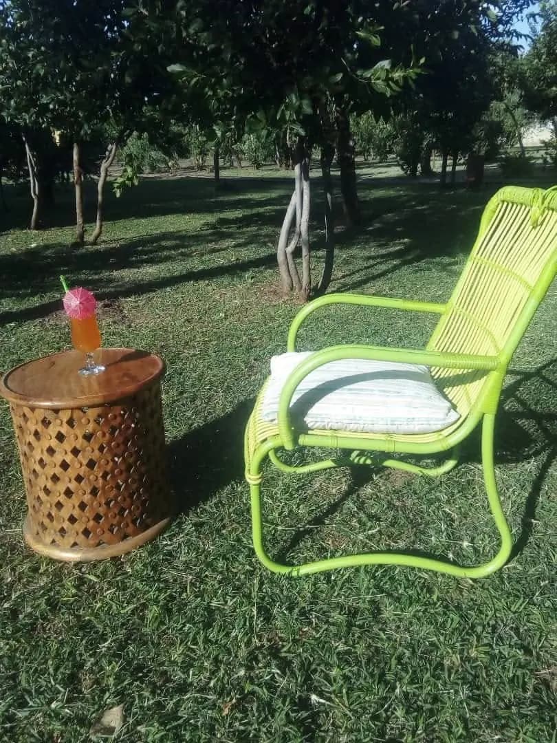 Garden chair with a cocktail on the lawn