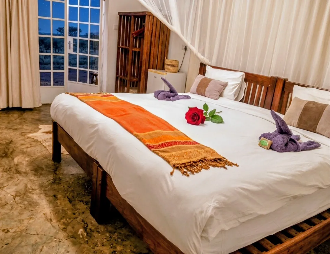 Double bed with an orange runner, a red rose and towel swans